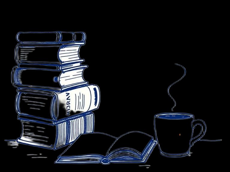 Ilustração desenhada à mão de livros, caderno e xícara de café